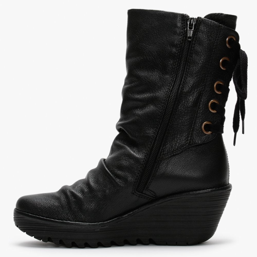 Yada Black Leather Tie Back Wedge Calf Boots