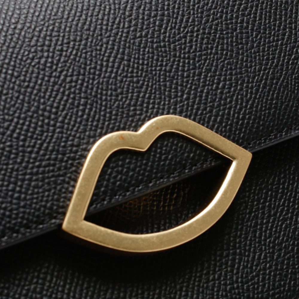 Polly Push Lock Lips Black Leather Cross-Body Bag