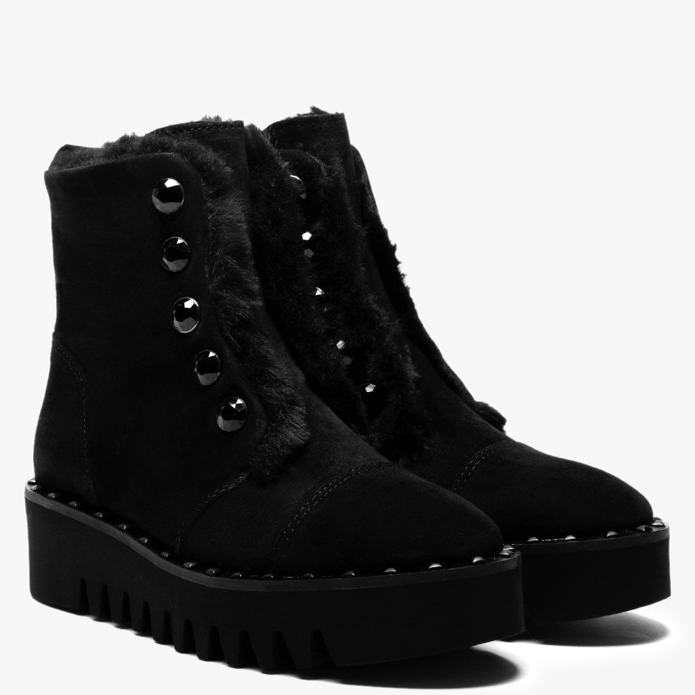 Burnet Black Suede Faux Fur Trim Ankle Boots