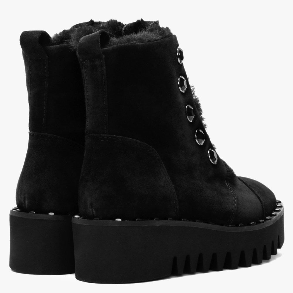 Burnet Black Suede Faux Fur Trim Ankle Boots