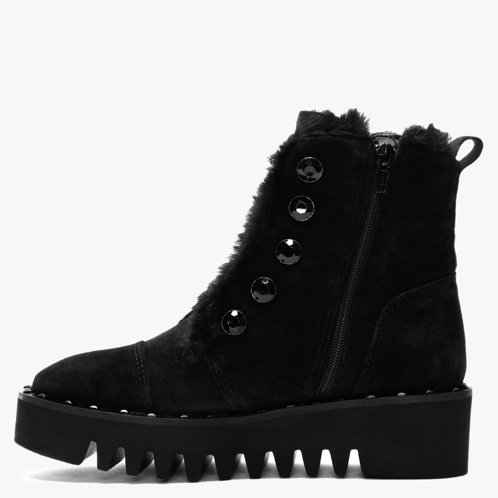 Burnet Black Suede Faux Fur Trim Ankle Boots