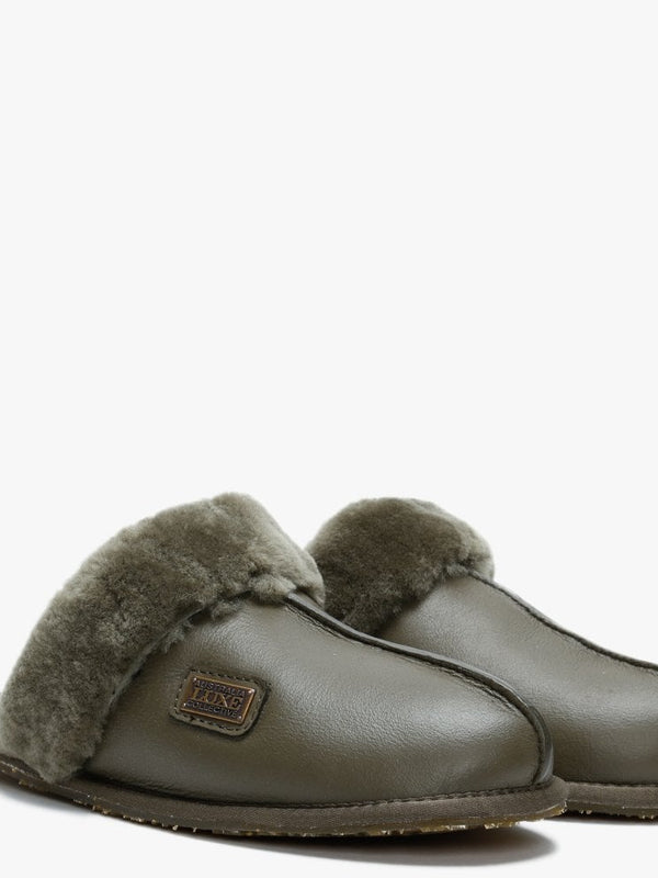 Khaki Double Faced Sheepskin Leather Closed Mule Slippers
