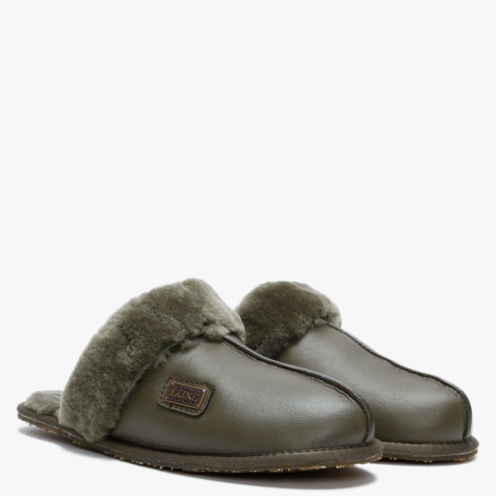 Khaki Double Faced Sheepskin Leather Closed Mule Slippers