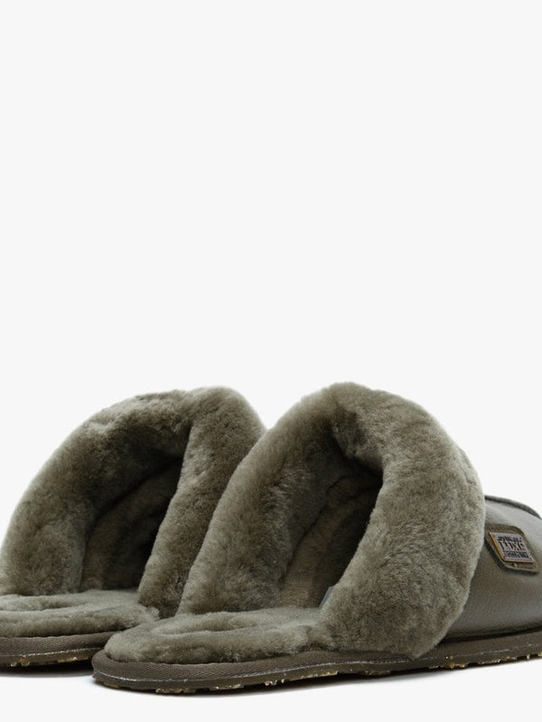 Khaki Double Faced Sheepskin Leather Closed Mule Slippers