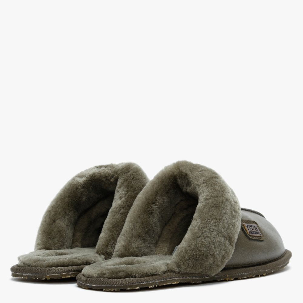 Khaki Double Faced Sheepskin Leather Closed Mule Slippers