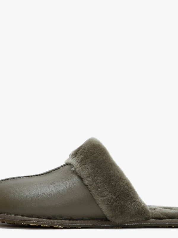 Khaki Double Faced Sheepskin Leather Closed Mule Slippers