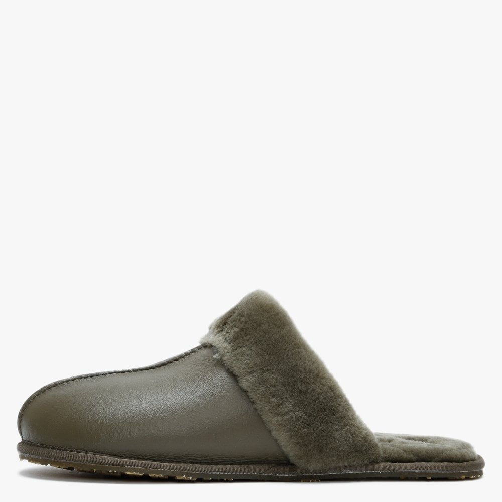 Khaki Double Faced Sheepskin Leather Closed Mule Slippers