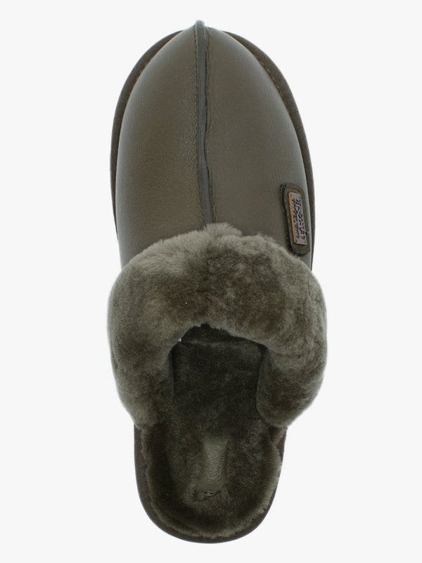 Khaki Double Faced Sheepskin Leather Closed Mule Slippers
