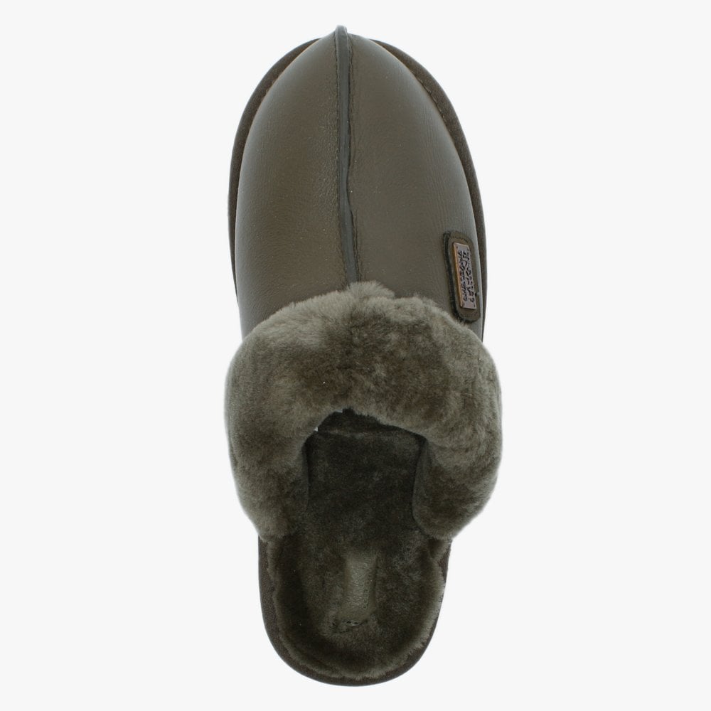 Khaki Double Faced Sheepskin Leather Closed Mule Slippers