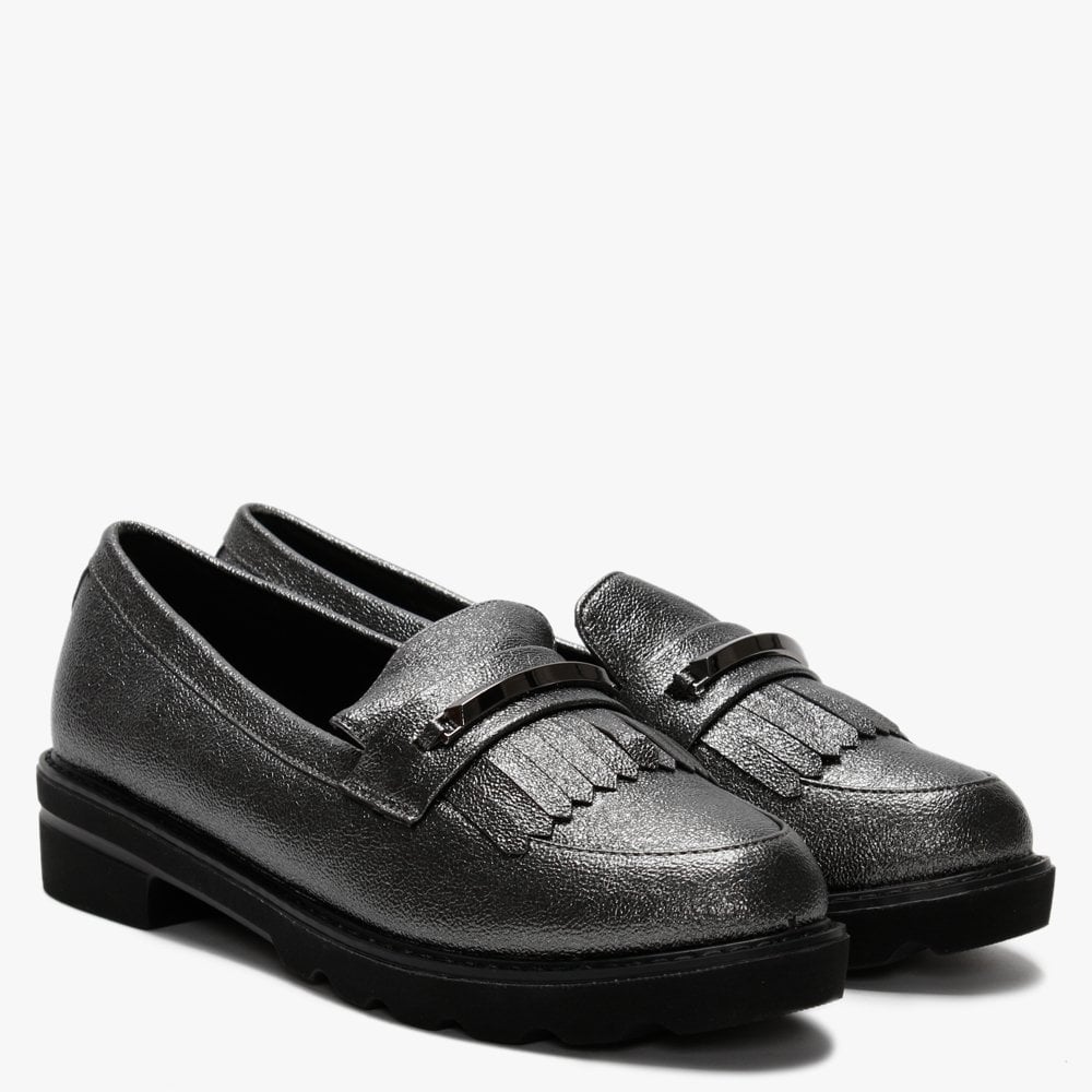 Edeena Pewter Fringed Loafers