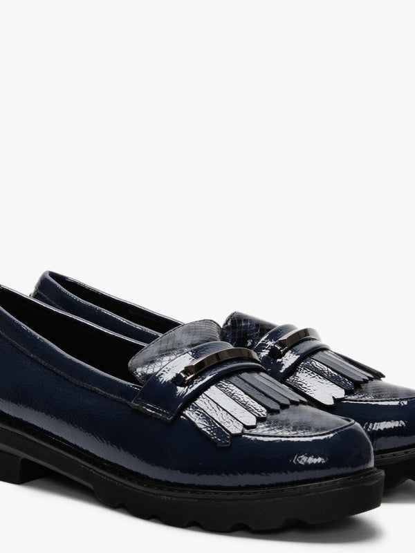 Edeena Navy Patent Fringed Loafers