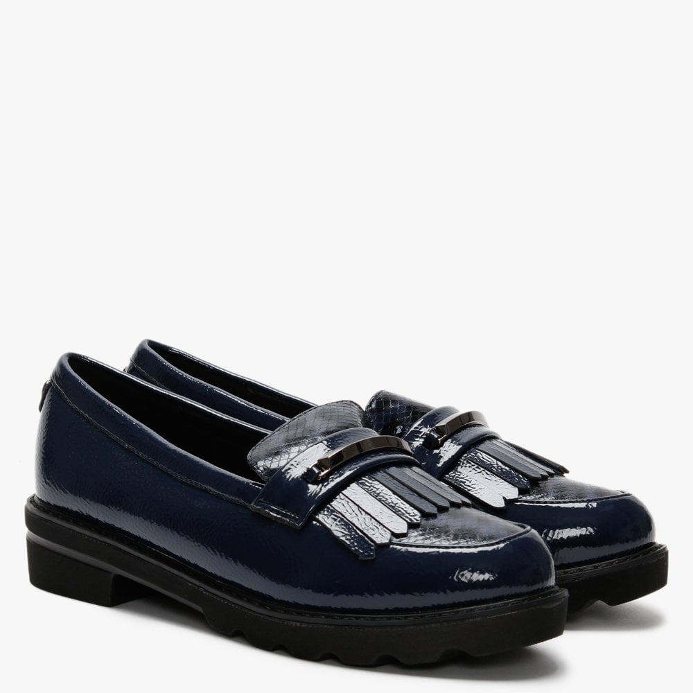 Edeena Navy Patent Fringed Loafers