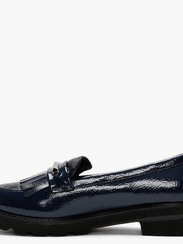 Edeena Navy Patent Fringed Loafers