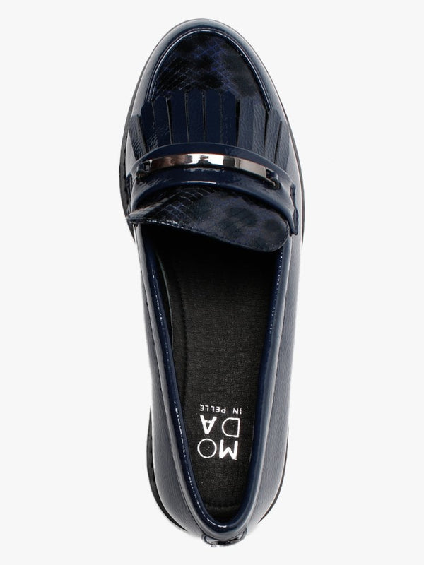 Edeena Navy Patent Fringed Loafers