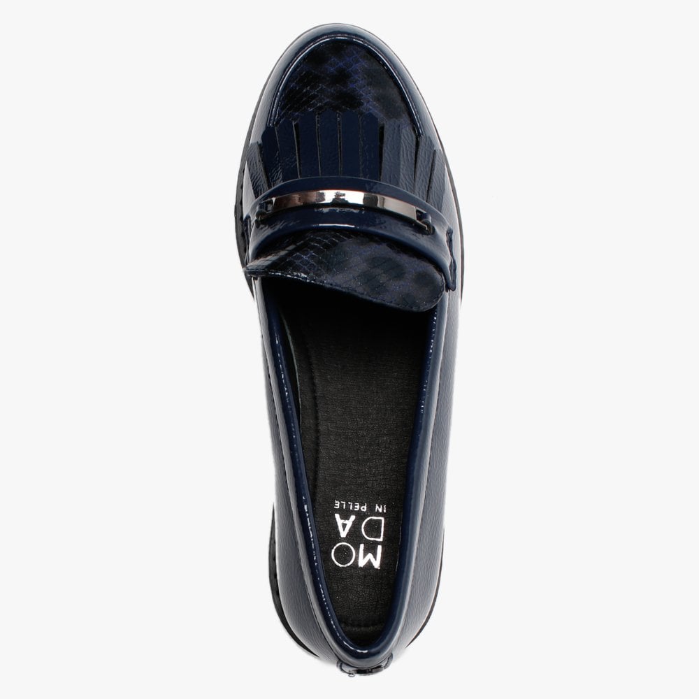 Edeena Navy Patent Fringed Loafers
