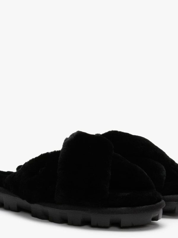 Fuzzette Black Shearling Cross Over Slippers