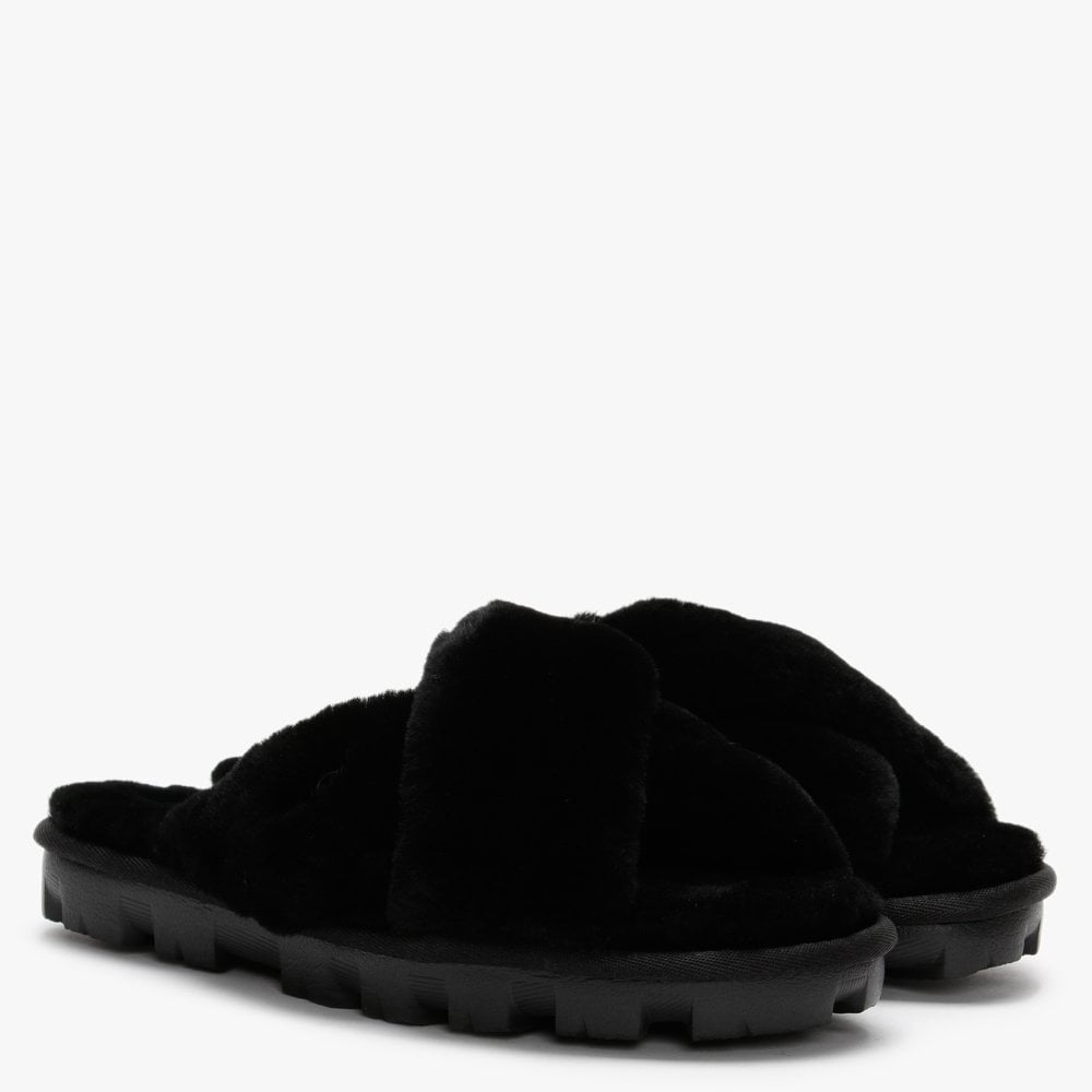 Fuzzette Black Shearling Cross Over Slippers
