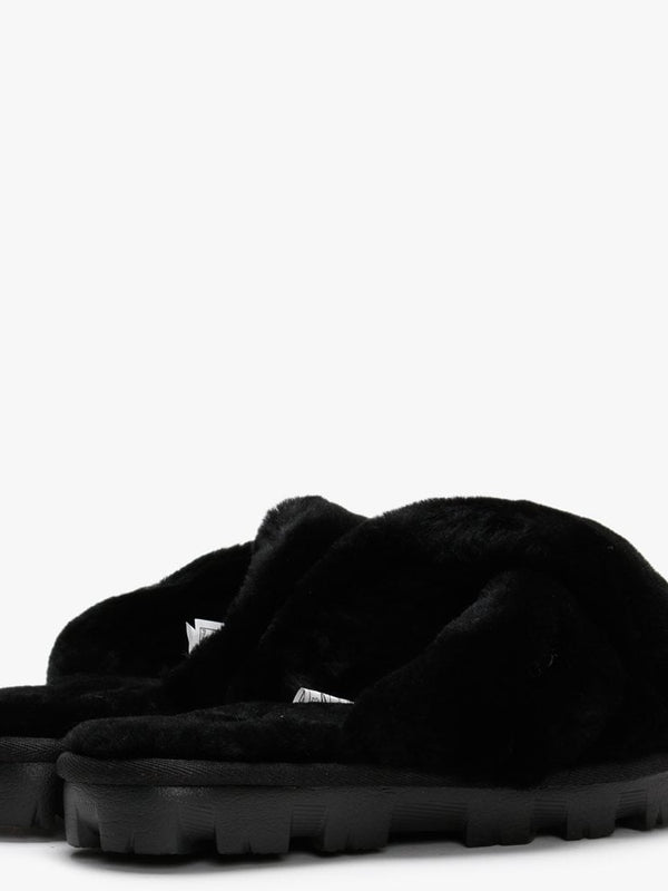 Fuzzette Black Shearling Cross Over Slippers
