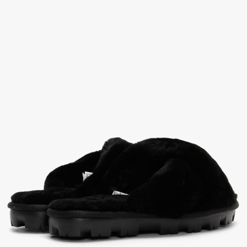Fuzzette Black Shearling Cross Over Slippers