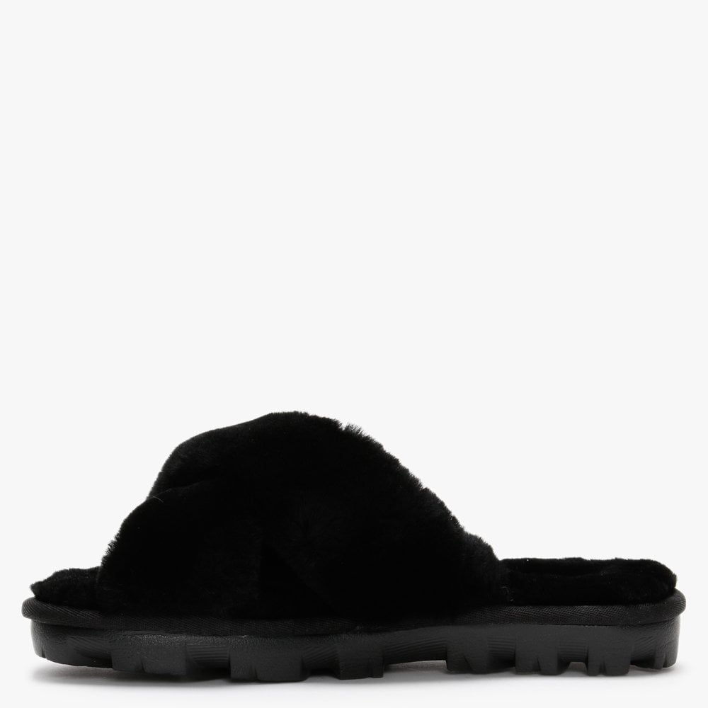 Fuzzette Black Shearling Cross Over Slippers
