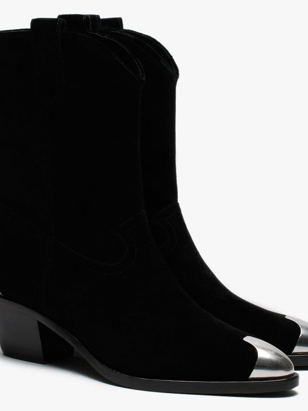 Famous Black Suede Metal Toe Cowboy Boots