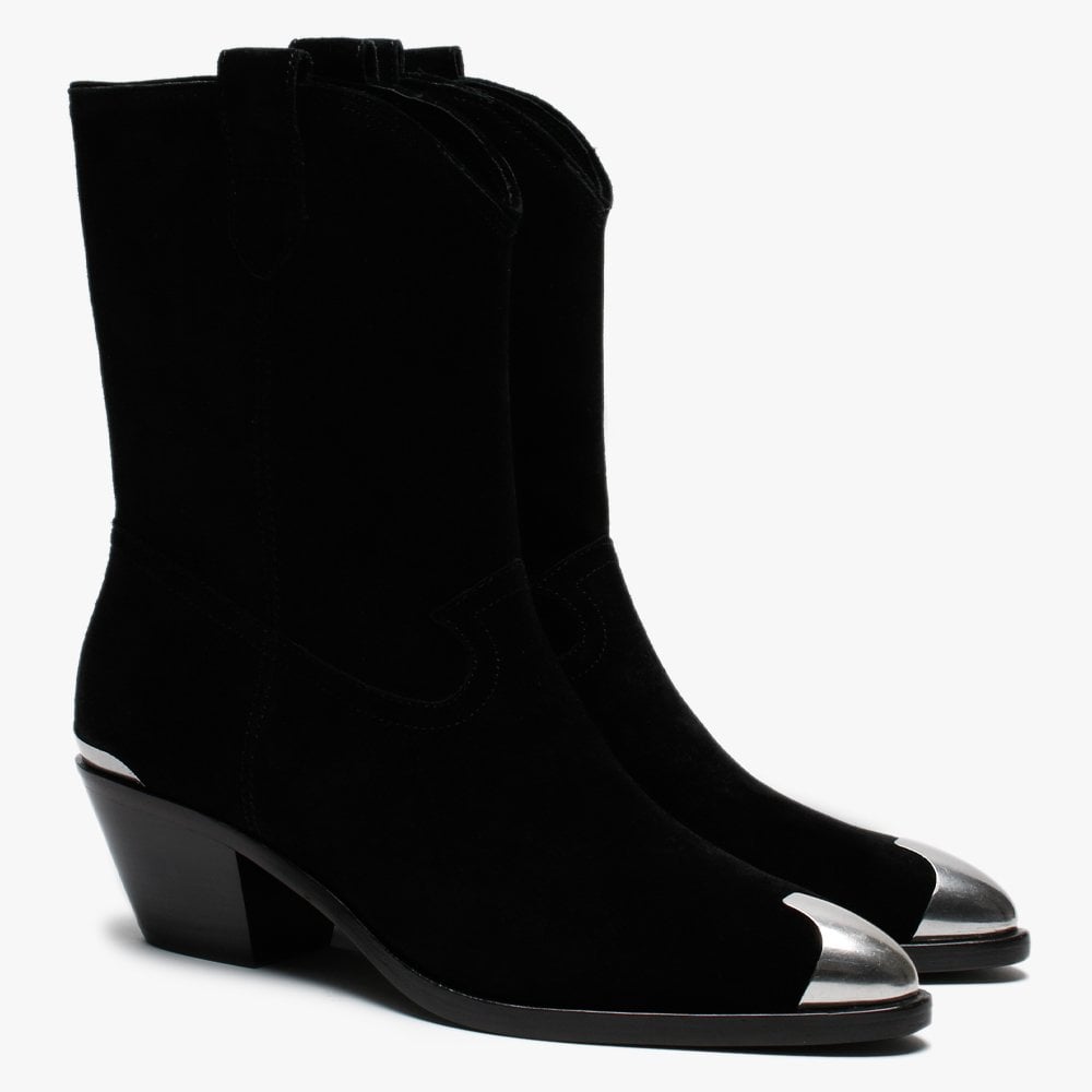 Famous Black Suede Metal Toe Cowboy Boots