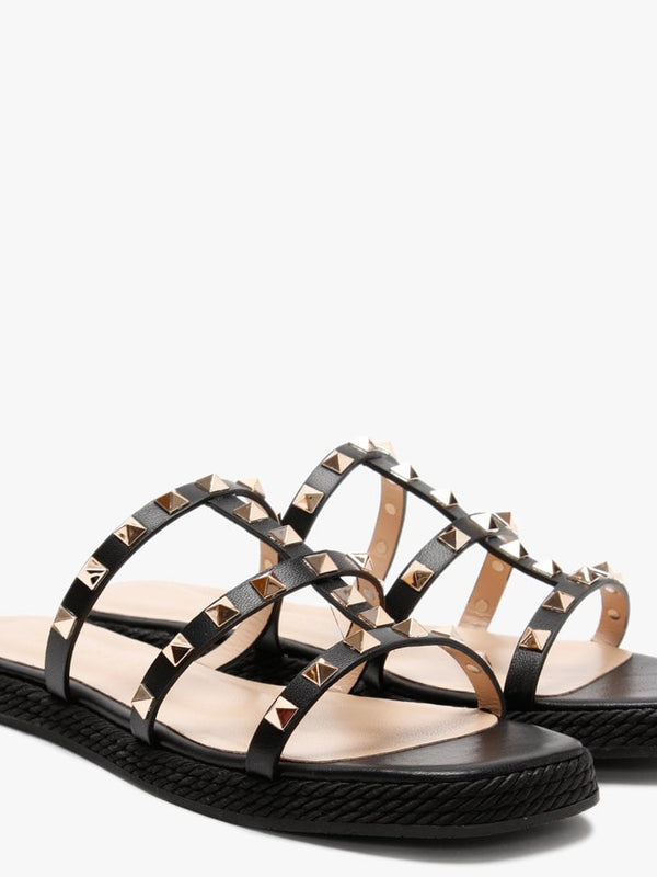 Putty Black Leather Studded Sliders