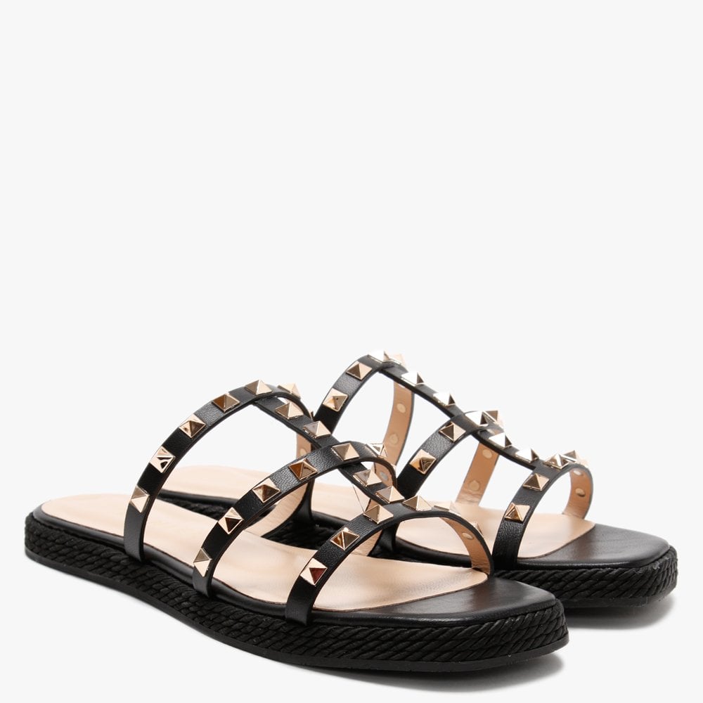 Putty Black Leather Studded Sliders