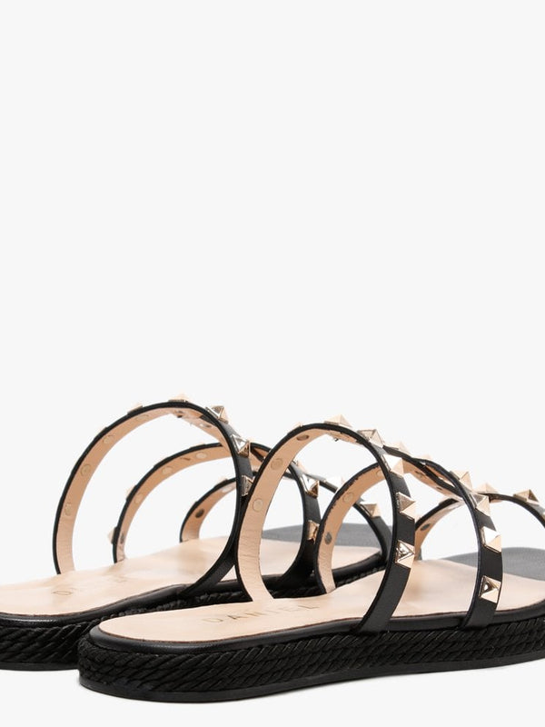 Putty Black Leather Studded Sliders