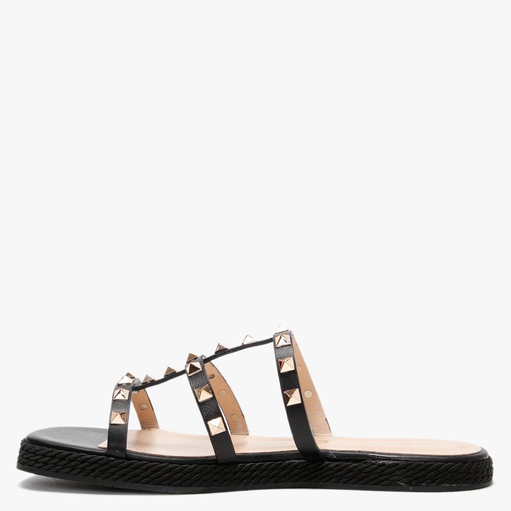 Putty Black Leather Studded Sliders