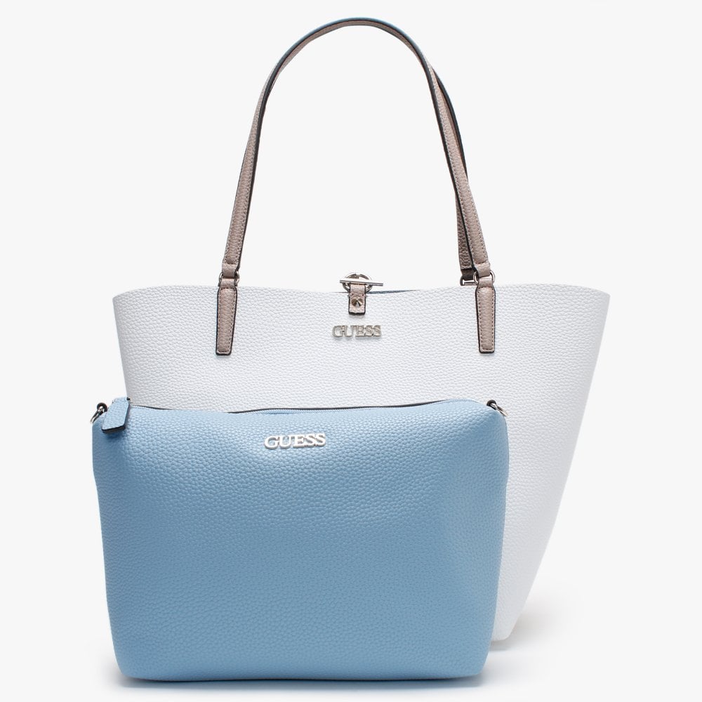 Alby Pebbled White Colour Block Toggle Tote Bag