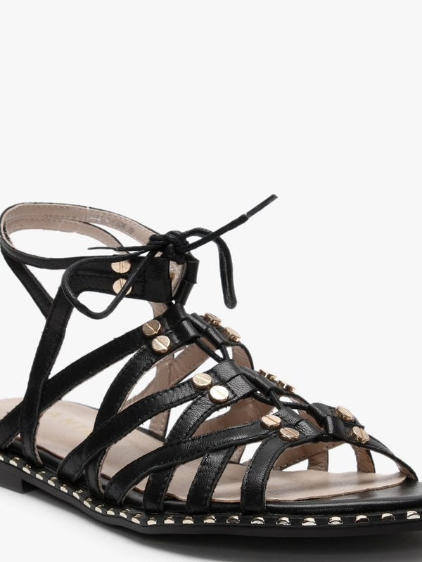 Invie Black Leather Studded Gladiator Sandals
