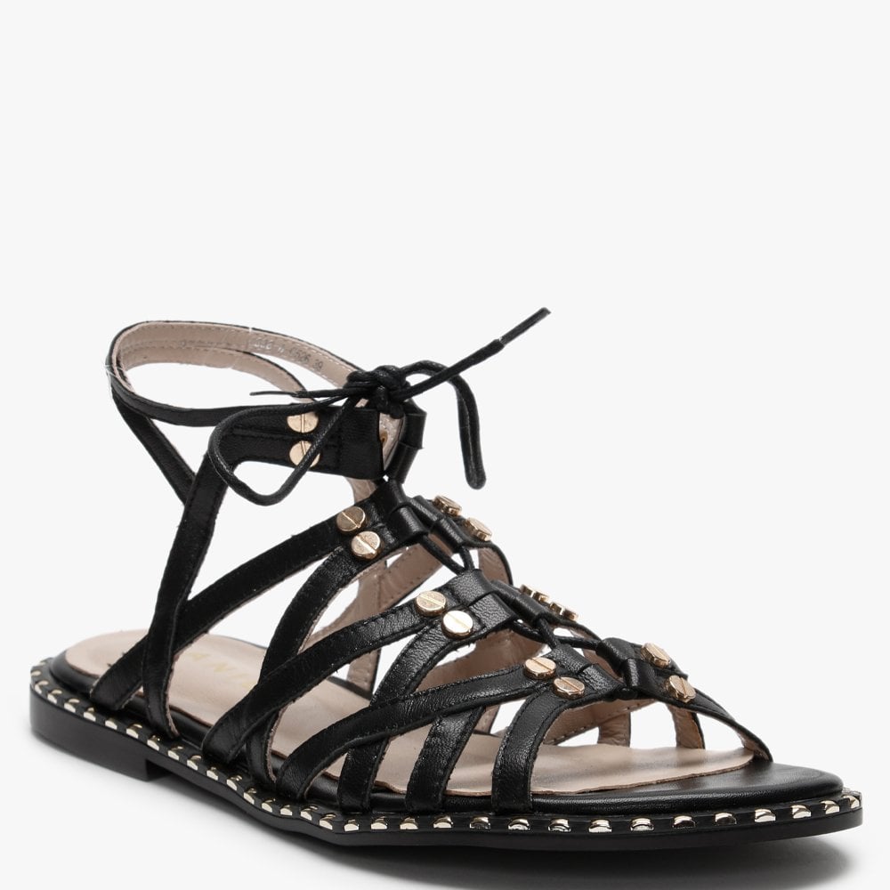 Invie Black Leather Studded Gladiator Sandals