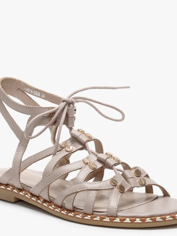 Invie Beige Leather Studded Gladiator Sandals