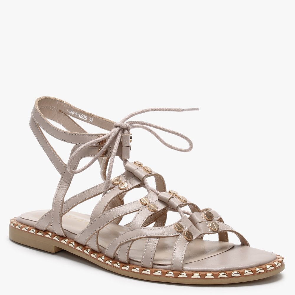 Invie Beige Leather Studded Gladiator Sandals