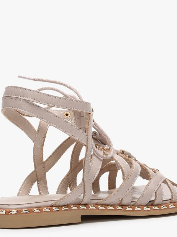 Invie Beige Leather Studded Gladiator Sandals