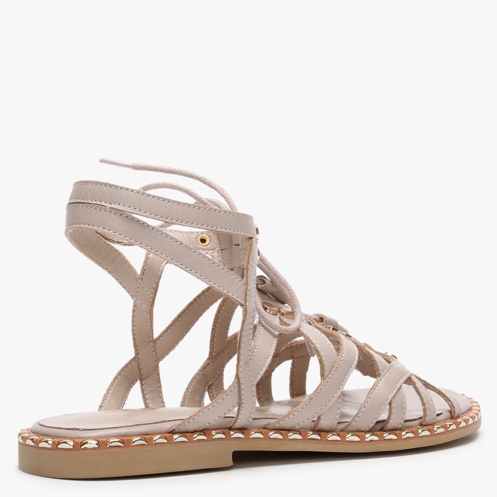 Invie Beige Leather Studded Gladiator Sandals