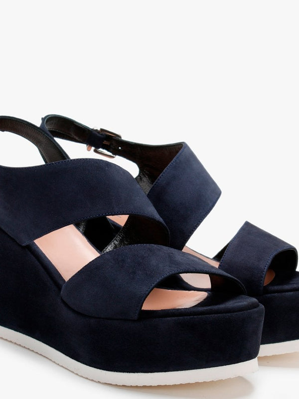 Samara Navy Suede Asymmetric Strap Wedge Sandals
