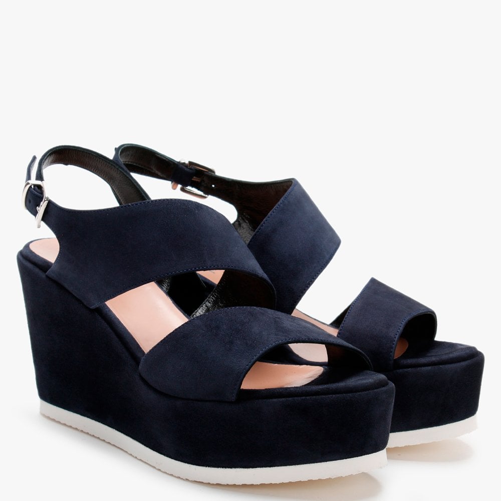 Samara Navy Suede Asymmetric Strap Wedge Sandals