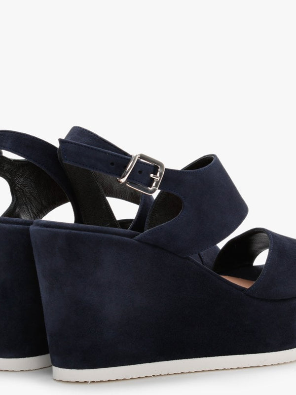 Samara Navy Suede Asymmetric Strap Wedge Sandals