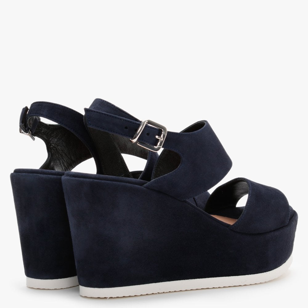 Samara Navy Suede Asymmetric Strap Wedge Sandals