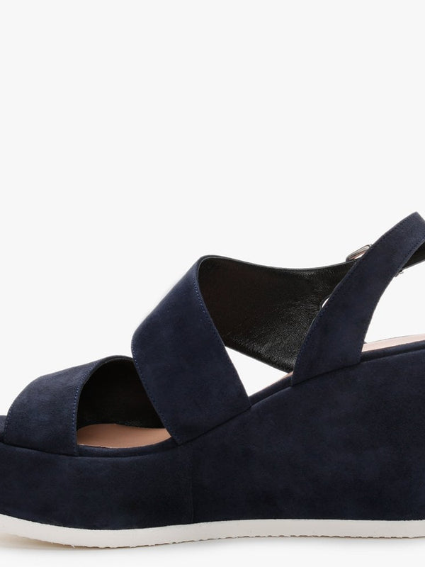 Samara Navy Suede Asymmetric Strap Wedge Sandals