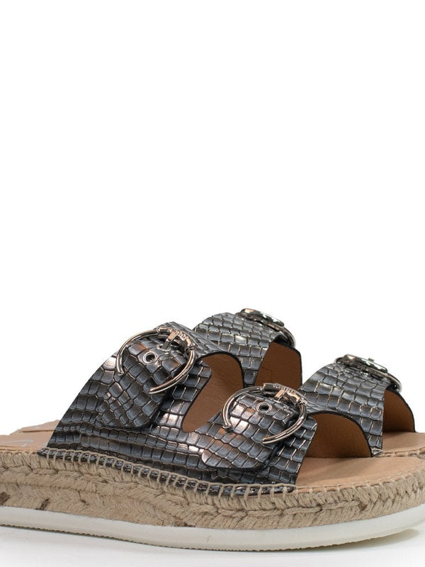 Seahouses Pewter Leather Reptile Buckle Espadrille Mules