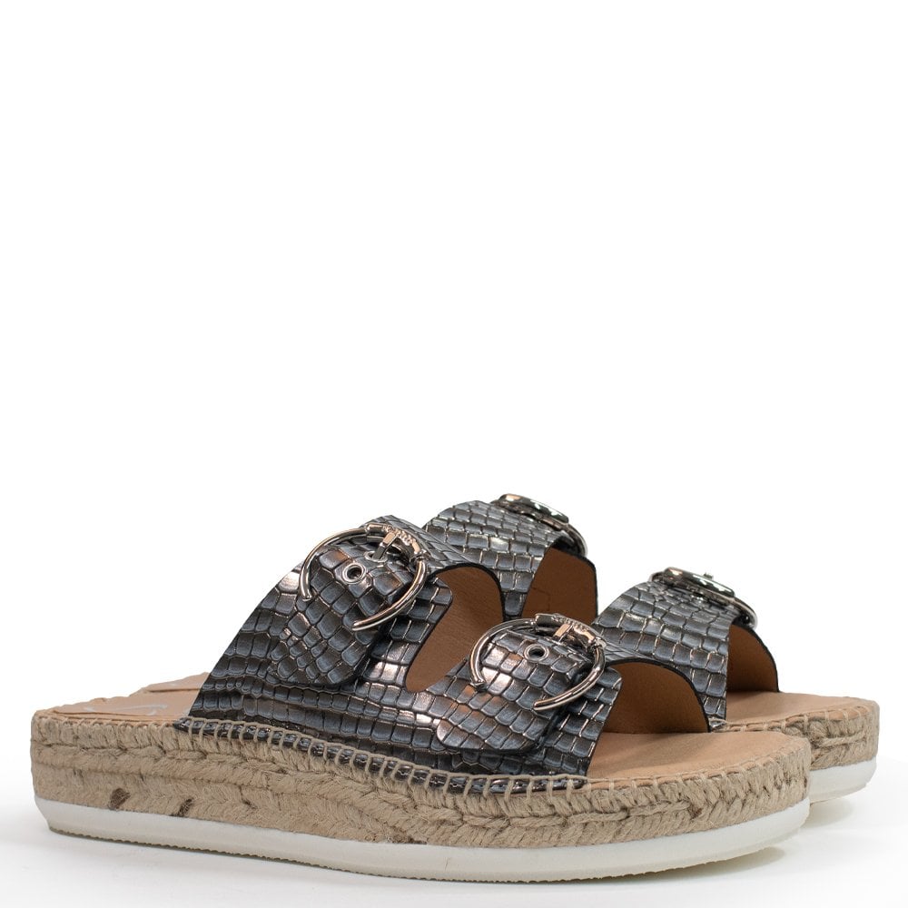 Seahouses Pewter Leather Reptile Buckle Espadrille Mules