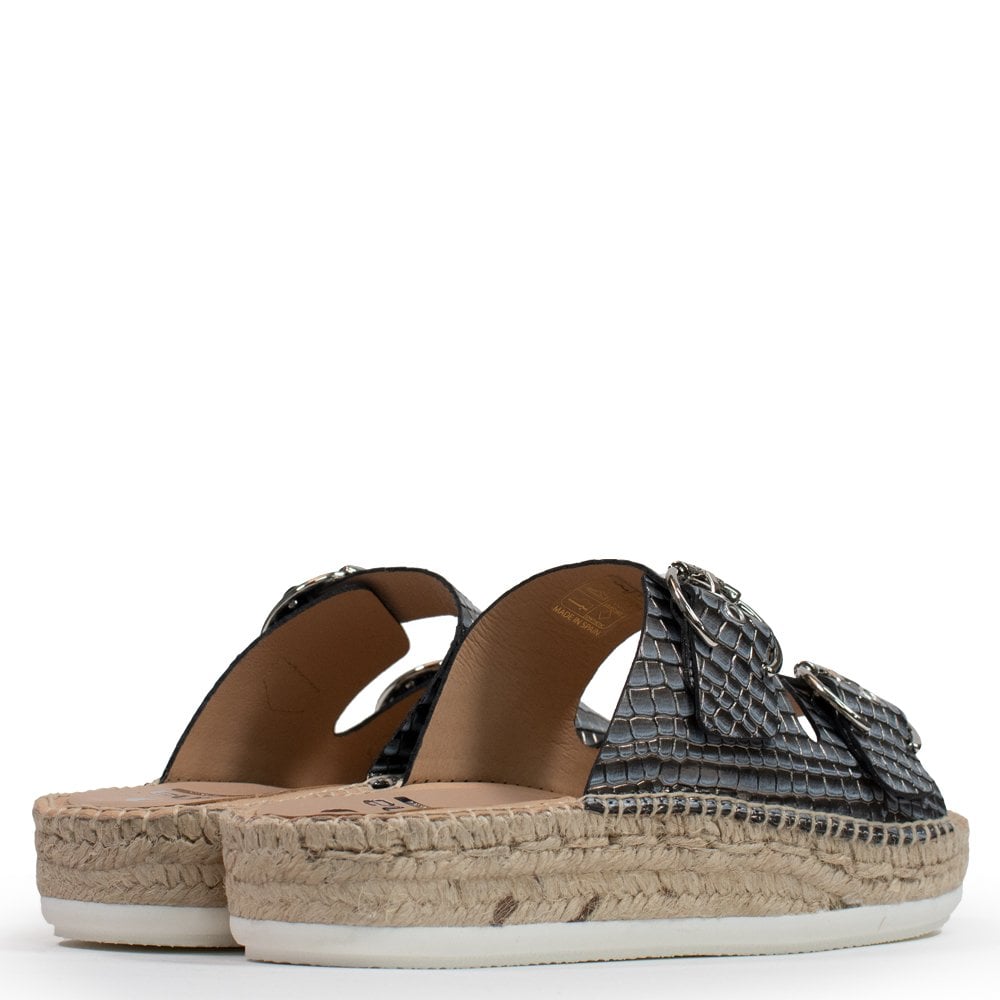 Seahouses Pewter Leather Reptile Buckle Espadrille Mules
