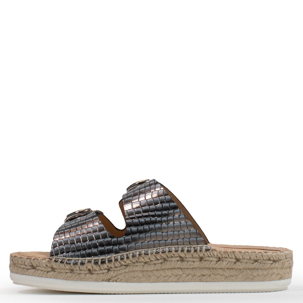 Seahouses Pewter Leather Reptile Buckle Espadrille Mules