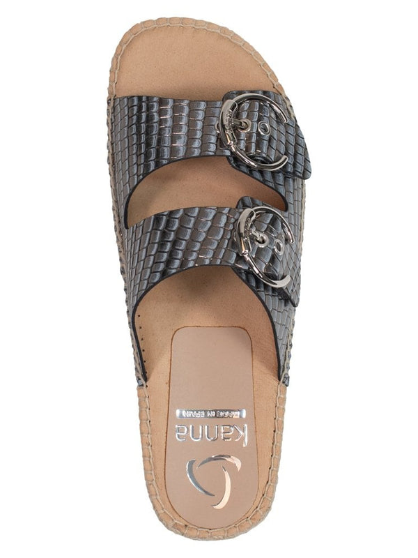 Seahouses Pewter Leather Reptile Buckle Espadrille Mules