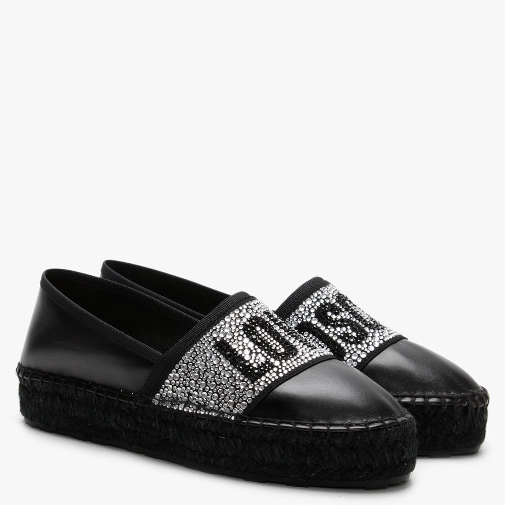 Diamante Black Leather Espadrilles
