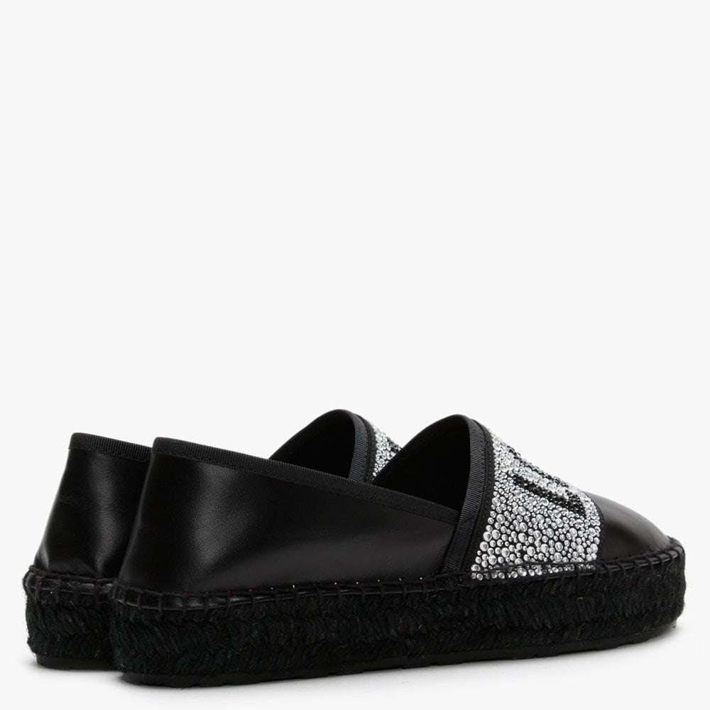 Diamante Black Leather Espadrilles
