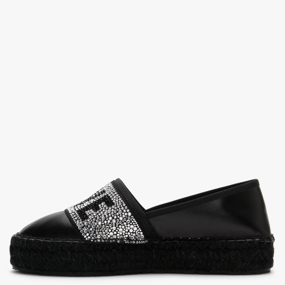 Diamante Black Leather Espadrilles